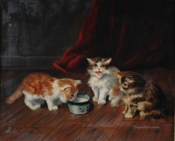 Alfred Brunel de Neuville three kitten Oil Paintings